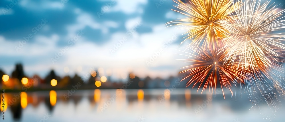 Poster captivating fireworks lighting up the night sky their vibrant colors and patterns reflected on the s