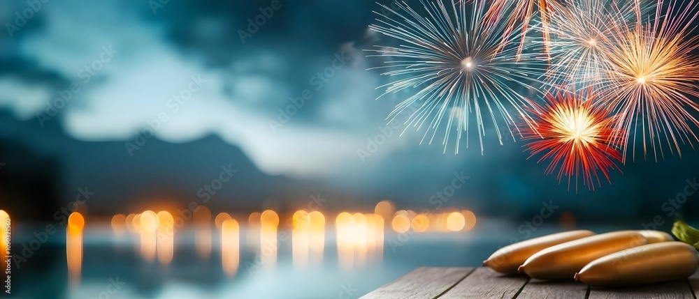 Poster mesmerizing display of colorful fireworks lighting up the night sky their reflections dancing on the