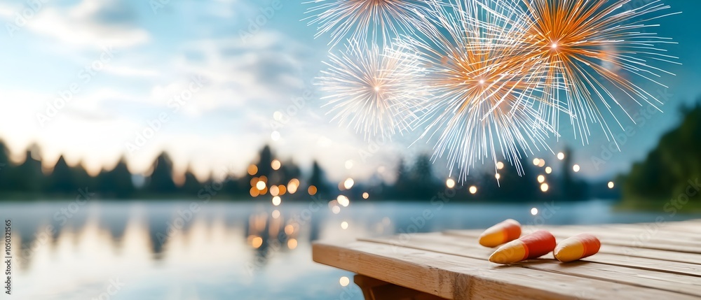 Poster vibrant fireworks exploding against the night sky their colorful reflections dancing on the still wa