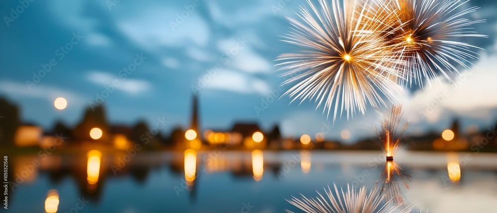 Poster colorful fireworks bursting over a still lake their reflections dancing on the tranquil waters creat