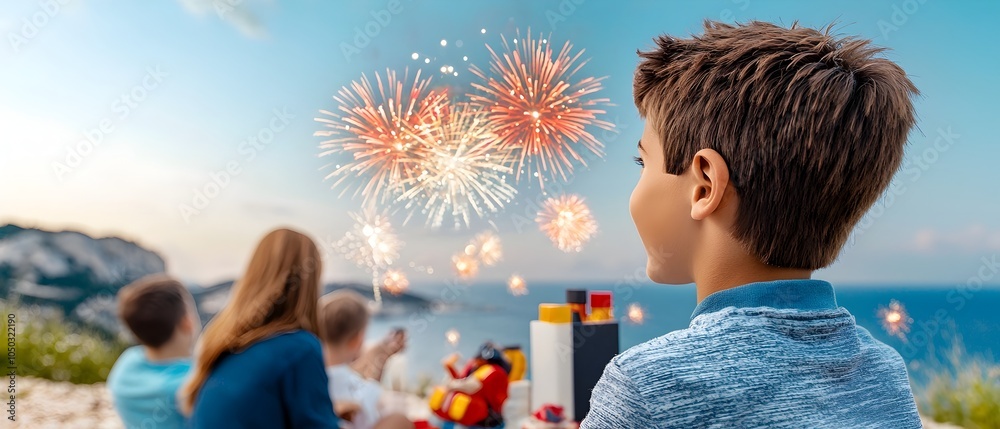 Poster joyful family members watching captivating fireworks display lighting up the night sky with colorful