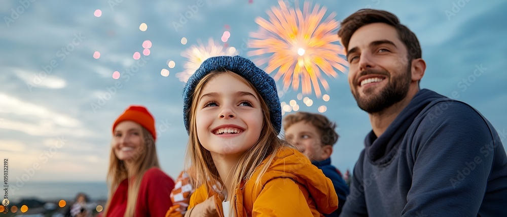 Poster a family watching a captivating fireworks display on a hill with colorful explosions lighting up the