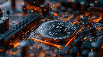 Close-up view of a Bitcoin symbol on a circuit board with glowing particles.