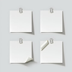 Four blank white sticky notes with silver binder clips on a gray background. Two notes have a corner peeled back.