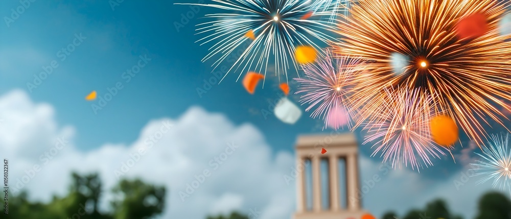 Poster a grand finale of exploding colorful fireworks bursts lighting up a famous monument or landmark duri