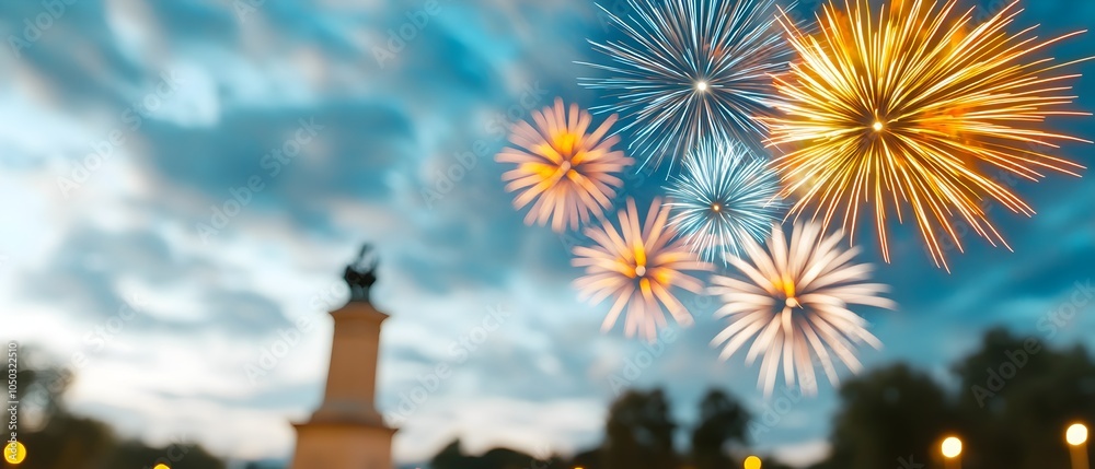 Poster vibrant and colorful firework finale lighting up the sky above a famous monument with dazzling explo