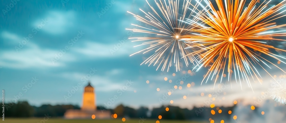 Poster captivating display of vibrant fireworks bursting with color and light illuminating a renowned archi