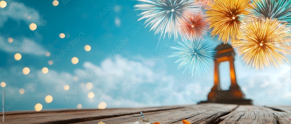 Poster Breathtaking display of colorful fireworks exploding over a famous landmark illuminating the monument and sky with a vibrant display of lights during an exhilarating festival