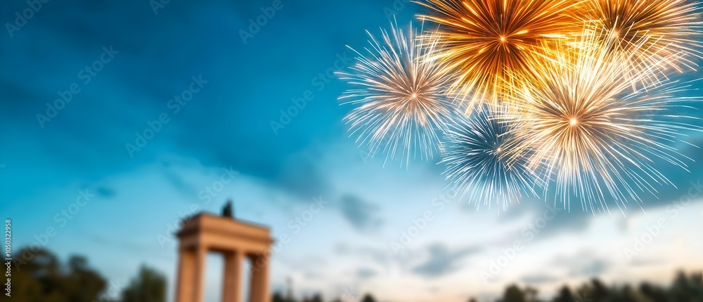 Aufkleber vibrant burst of fireworks lighting up the night sky in a grand finale display over a famous monumen