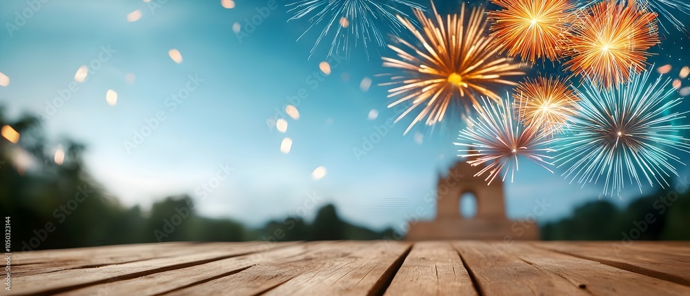 Poster Breathtaking fireworks display erupting in a colorful cascade of light above a renowned landmark creating a captivating and unforgettable spectacle during a grand festival