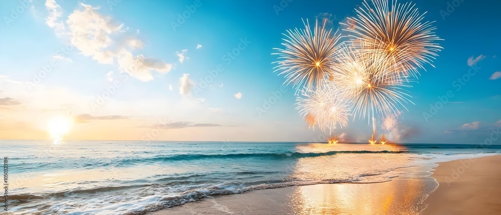 Poster breathtaking seaside fireworks festival with colorful explosions lighting up the magical night sky a