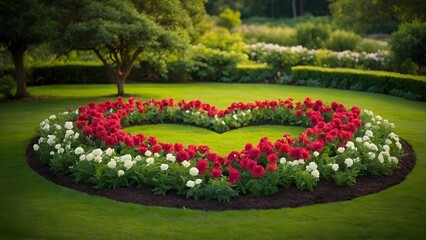 Obraz premium Beautiful Heart-Shaped Flower Garden Arrangement in a Serene Park During the Spring Afternoon Sunlight