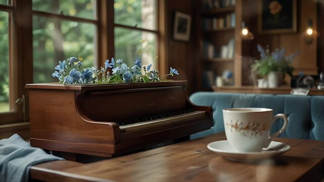A cup of coffee on the table and a grand piano. Seamless 4K looping timelapse video animation background