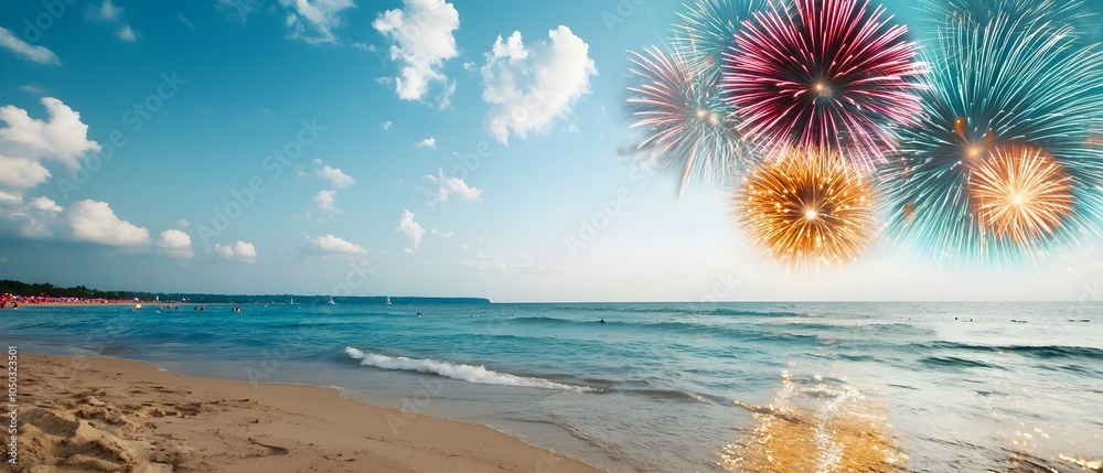 Aufkleber Dazzling fireworks exploding in a vibrant display of colors over the tranquil ocean creating a spectacular coastal during a lively beach festival