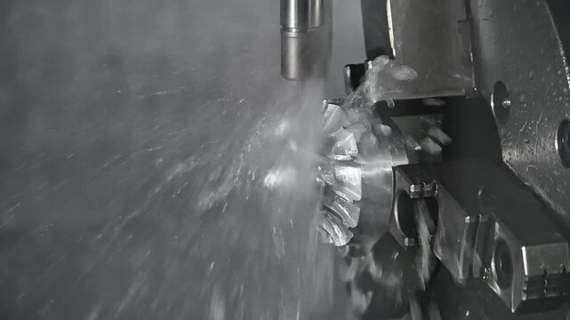 Slow motion scene the 5-axis CNC milling machine  cutting the turbocharger part with liquid coolant method.