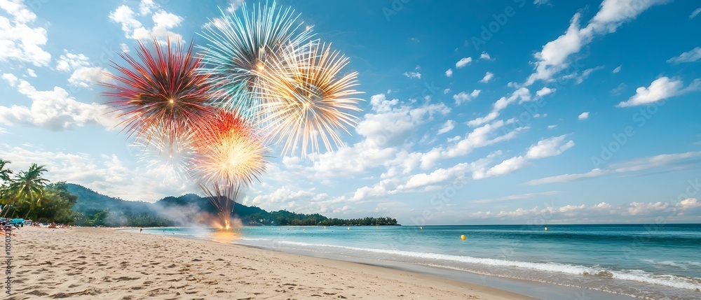 Poster vibrant and colorful fireworks exploding dramatically over the ocean during a lively seaside festiva