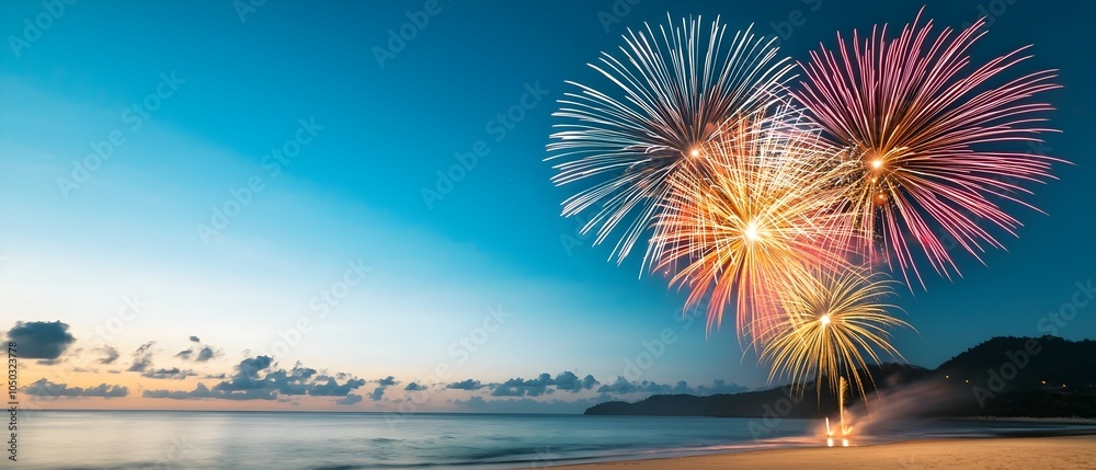 Poster mesmerizing fireworks display lighting up the calm night sky and serene ocean waters creating a brea