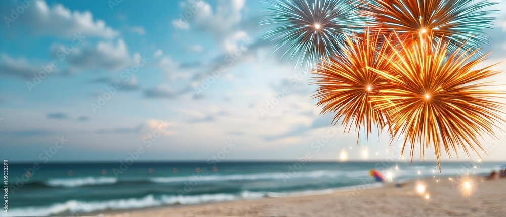 Aufkleber mesmerizing display of vibrant fireworks bursting over the serene ocean and beach during a magical c