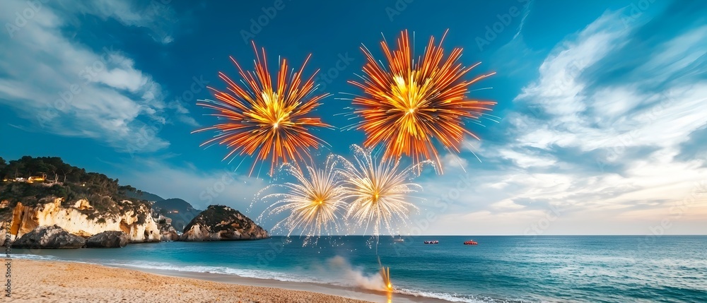 Aufkleber dazzling fireworks bursting over the serene ocean illuminating the coastal with vibrant colors and r