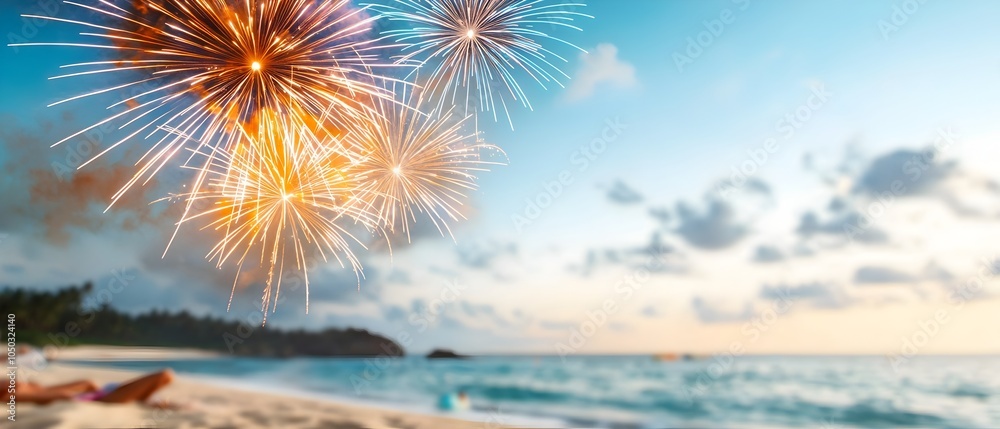 Poster mesmerizing display of vibrant fireworks bursting above the serene coastline lighting up the sea and