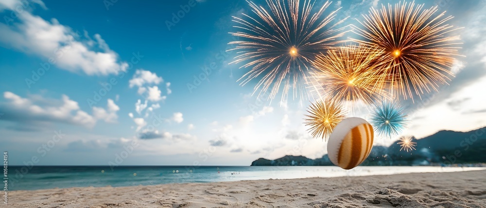 Aufkleber spectacular fireworks display illuminating the night sky and coastal scenery creating a magical atmo
