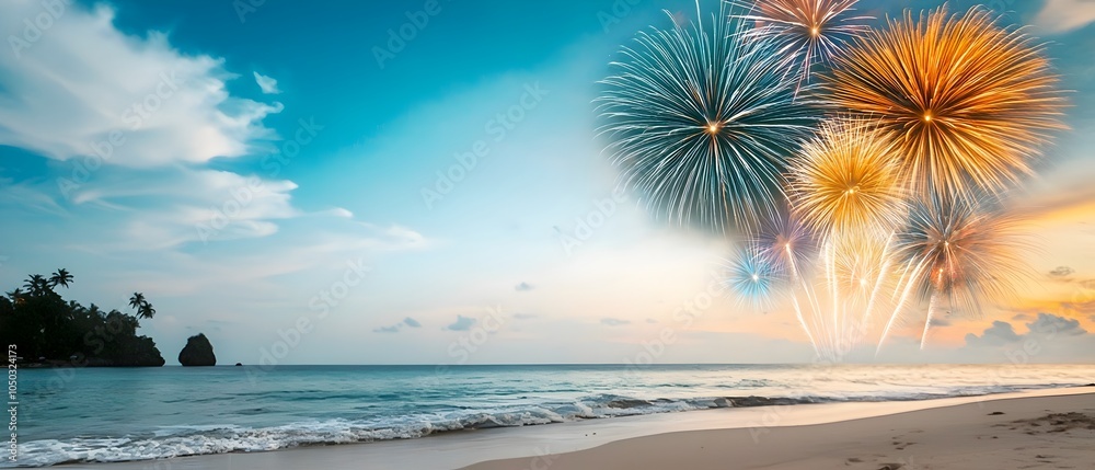 Poster captivating coastal with colorful fireworks explosions reflecting off the calm ocean water creating 