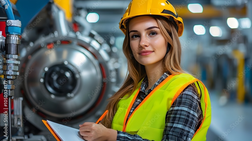 Aufkleber professional engineer in yellow vest and safety helmet sitting with notebook focused on work in an e