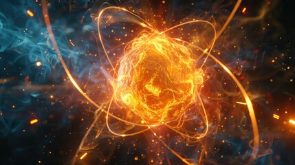 Energetic atomic explosion in vibrant orange and blue colors, glowing against dark background.