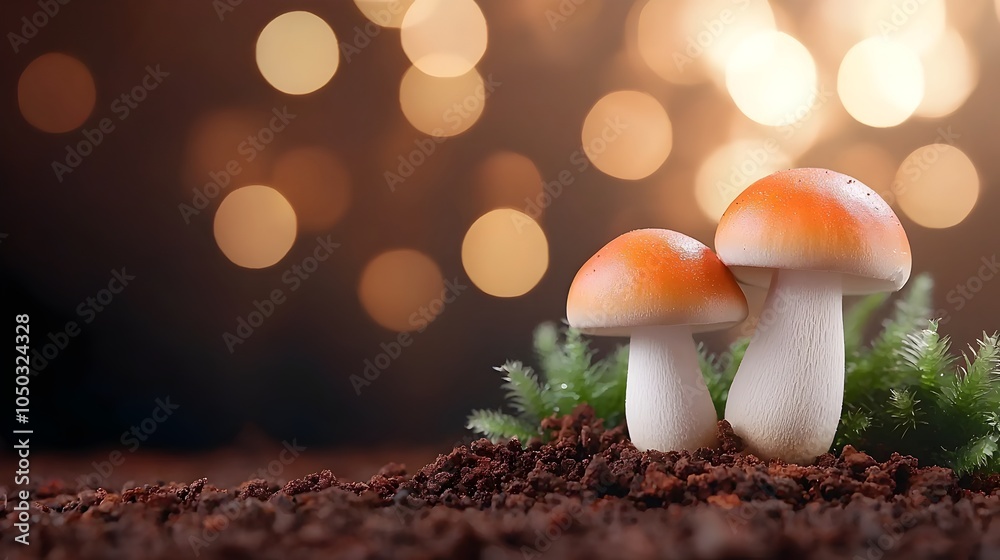 Poster Captivating close up shot of white and orange mushrooms thriving in a serene forest setting enhanced by a warm softly blurred bokeh background that captures the tranquil essence of nature