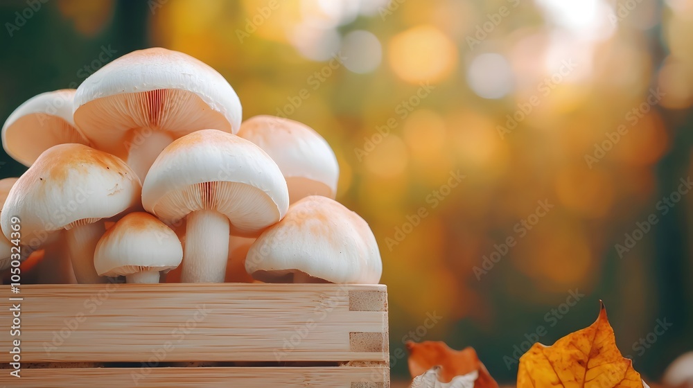 Poster captivating close up of vibrant white and orange mushrooms nestled in a serene forest setting enhanc