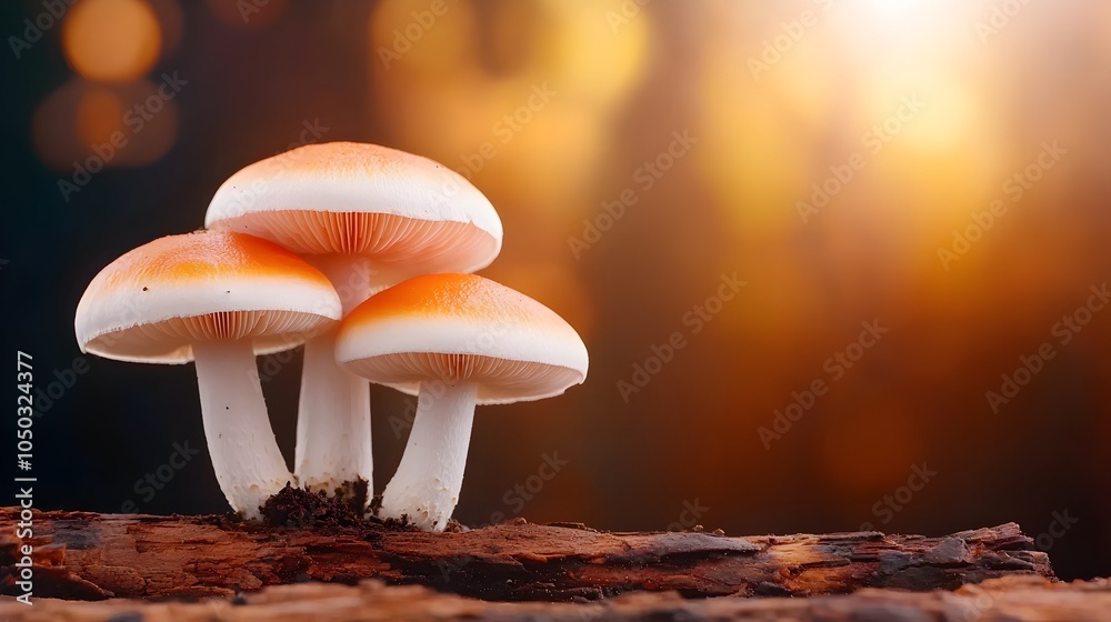 Poster Captivating close up view of white and orange mushrooms thriving in a serene lush forest setting enhanced by a warm