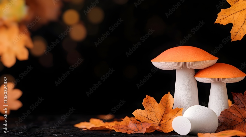 Poster Captivating close up of white and orange cap mushrooms sprouting from the forest floor surrounded by soft dreamy bokeh lighting filtering through the lush foliage
