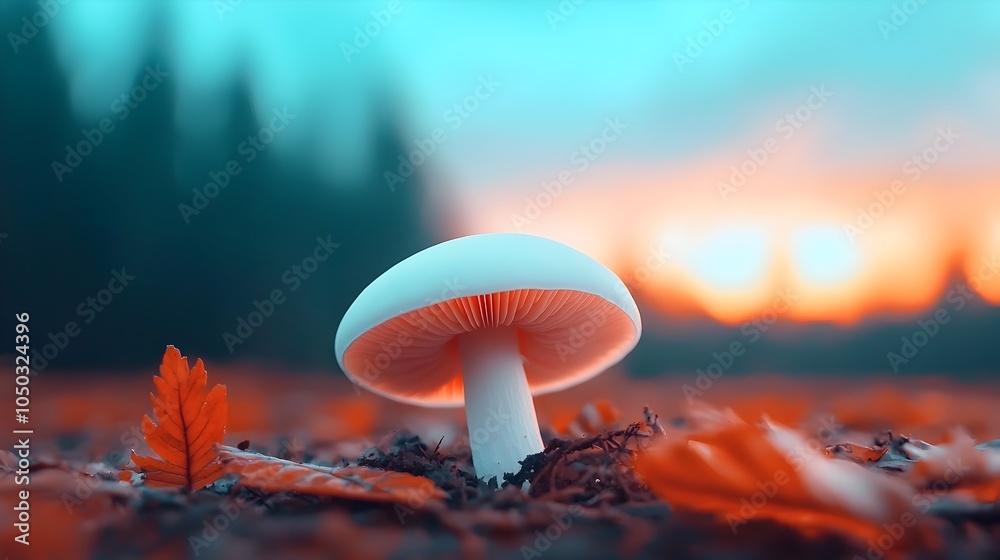 Poster Closeup shot of delicate white and orange mushrooms thriving in a tranquil forest setting with a warm blurred bokeh background that enhances the natural beauty and calmness of the scene