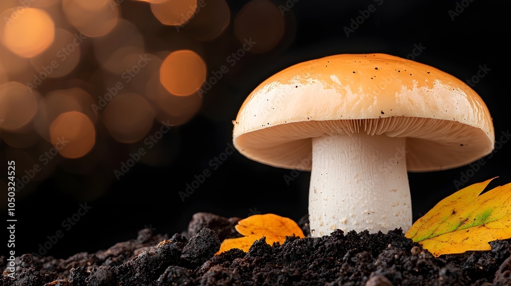 Poster dreamy bokeh light in the background as white and orange cap mushrooms thrive on a moist forest floo