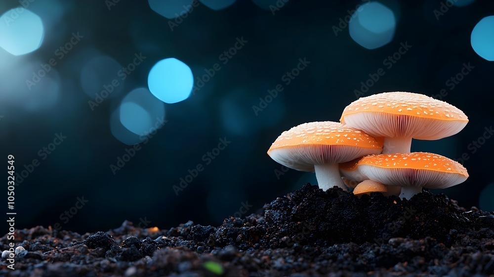 Poster dreamy hazy bokeh light frames a magical natural landscape of white and orange cap mushrooms thrivin