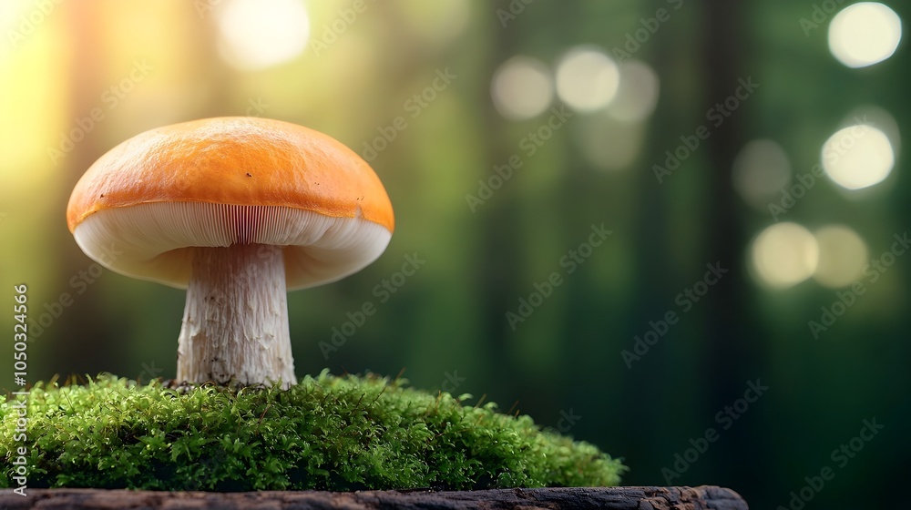 Poster Glowing forest mushrooms with orange and white caps growing among lush green moss with a soft blurred background of trees and sunlight creating a calm serene atmosphere