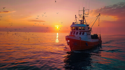 Fototapeta premium Fishing boat sailing at sunset with seagulls in the sky over tranquil waters.