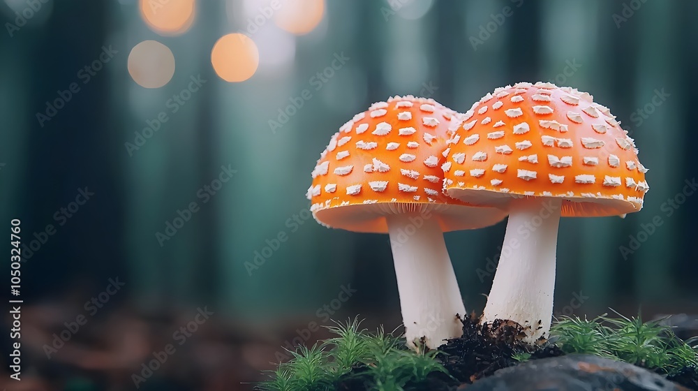 Poster whimsical woodland scene with vibrant white and orange mushrooms growing under the canopy of tall tr