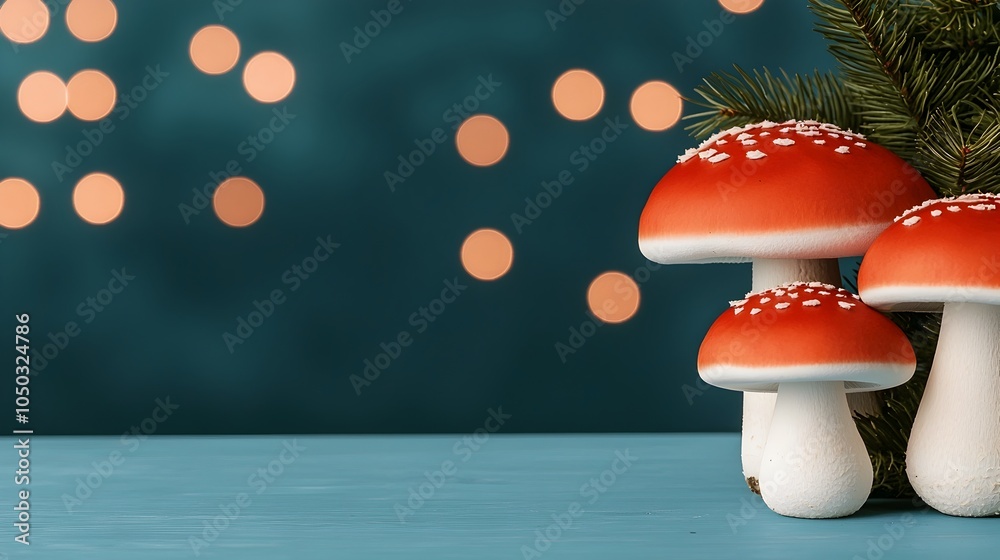 Poster Whimsical woodland scene with white and orange cap mushrooms growing under tall trees with dreamy bokeh like lights in the background adding depth and charm to the peaceful natural setting