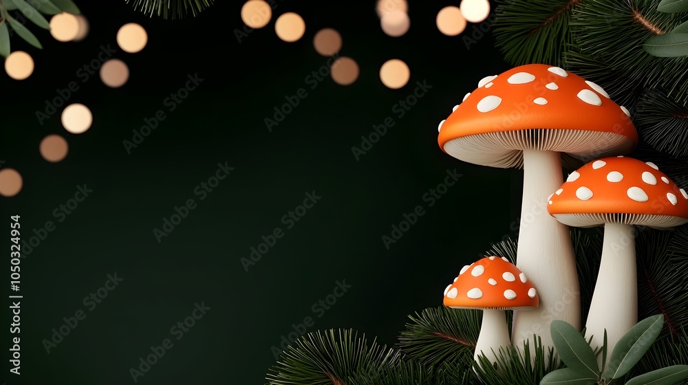 Poster Enchanting Orange and White Cap Mushrooms Nestled in a Mystical Woodland Landscape with a Dreamy Bokeh Effect Creating a Serene and Ethereal Ambiance