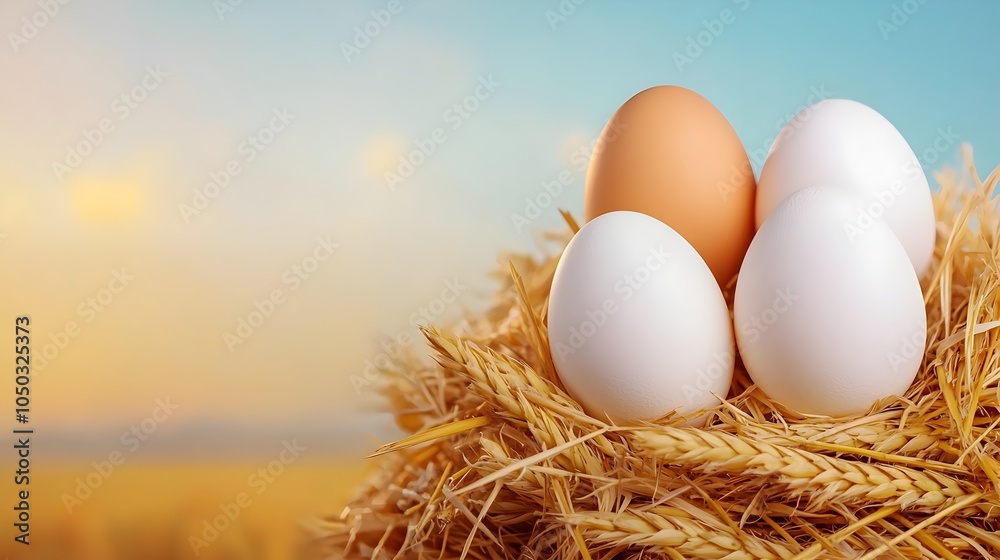 Poster Close up photograph showcasing white eggs nestled in a bed of golden straw grass creating a warm and tranquil farm inspired setting with soft textures and tones that would be ideal for fresh produce