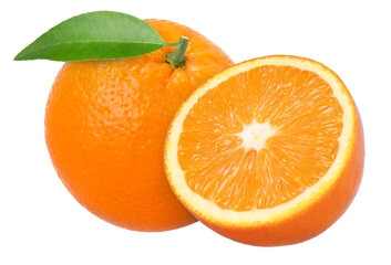 Orange fruit with leaves and half isolated,  transparent PNG, PNG format, cut out.