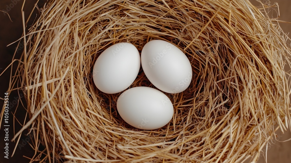 Poster three white chicken eggs resting in a delicate nest of straw grass with subtle natural lighting crea