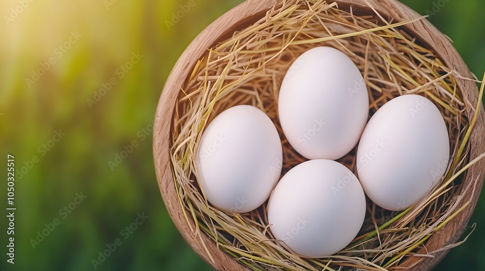 Aufkleber rustic farm life scene featuring white eggs nestled in a straw nest with soft shadows and warm light