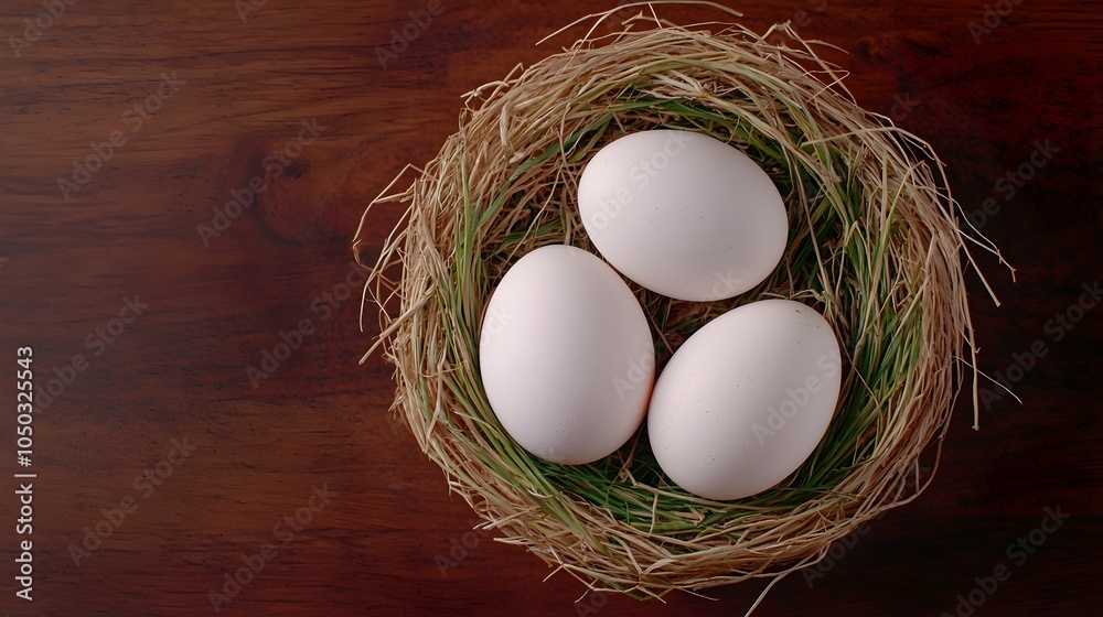 Poster Three pristine white chicken eggs resting in a cozy nest woven from straw and grass with soft natural lighting creating a warm inviting countryside atmosphere