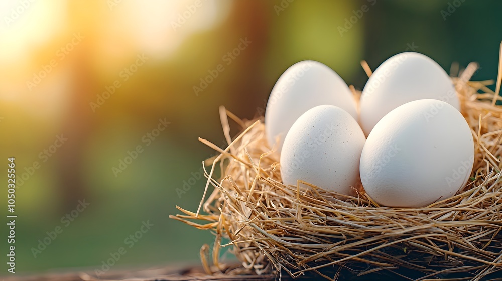 Poster Rustic nest of straw grass with soft shadows and warm light highlighting the natural simplicity and charm of farm life featuring a close up of fresh white eggs nestled in the organic
