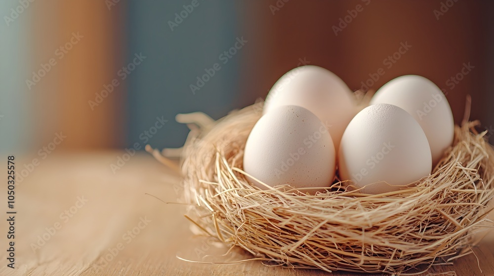 Aufkleber Rustic scene featuring a nest of white eggs resting amidst a bed of straw and grass with soft shadows and warm lighting highlighting the natural simplicity and tranquility of a farm setting