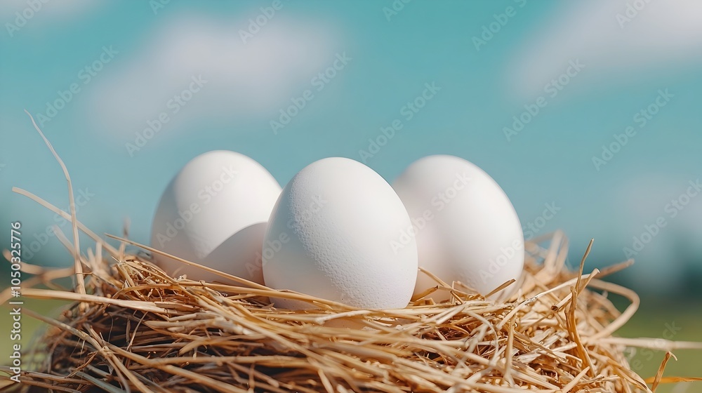 Poster White chicken eggs arranged in a nest made of dried straw and grass with soft warm sunlight filtering through to create a farm fresh rustic aesthetic perfect for photography purposes