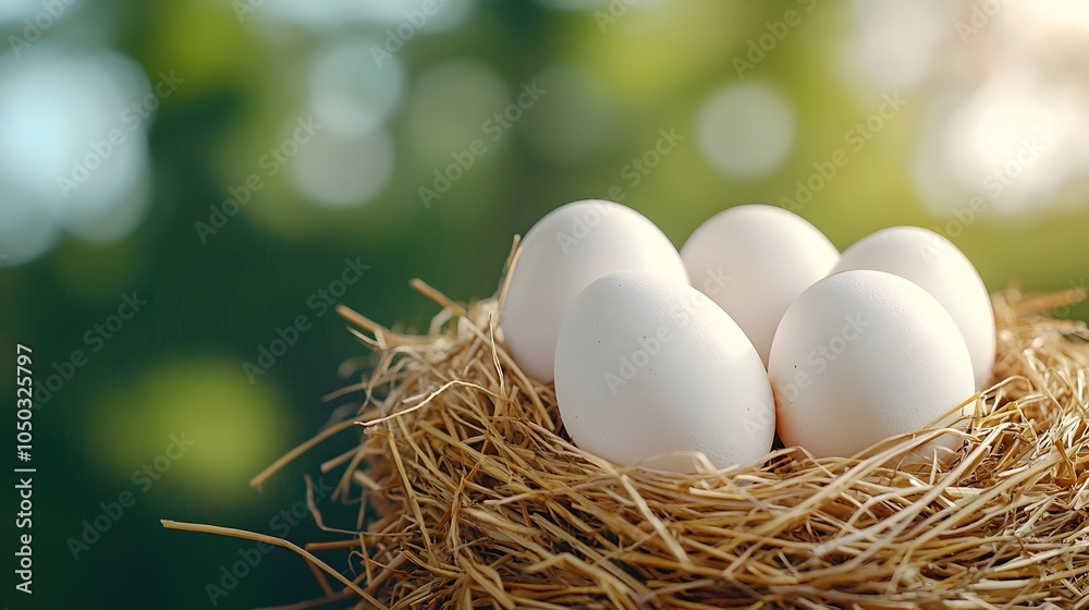 Aufkleber freshly laid chicken eggs arranged in a rustic nest made of dried straw and grass with soft natural 