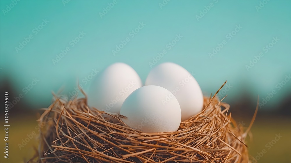 Poster soft natural light highlighting white eggs nestled in a straw grass backdrop creating a calm and rus